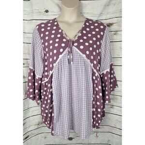 Susanne Betro Weekend Peasant Top 3X Purple Polka Dot Bell Sleeves 100% Rayon